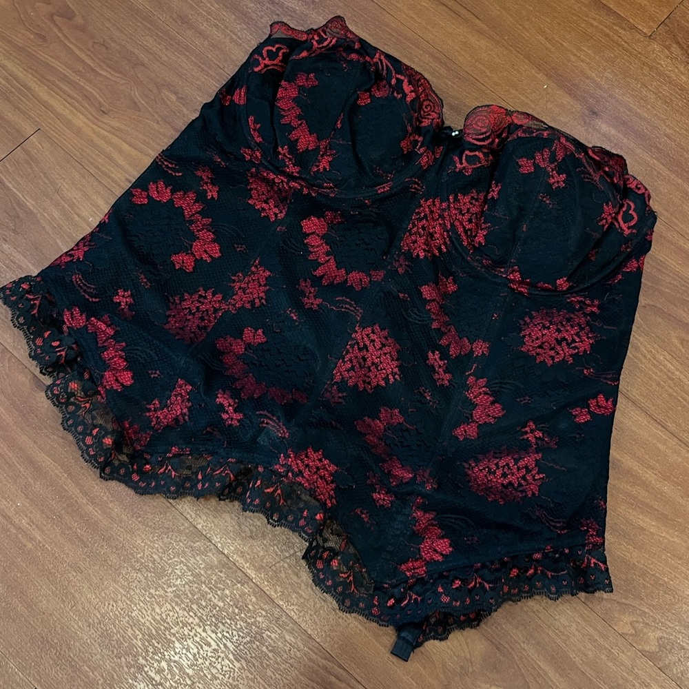 gothic red and black lace corset top